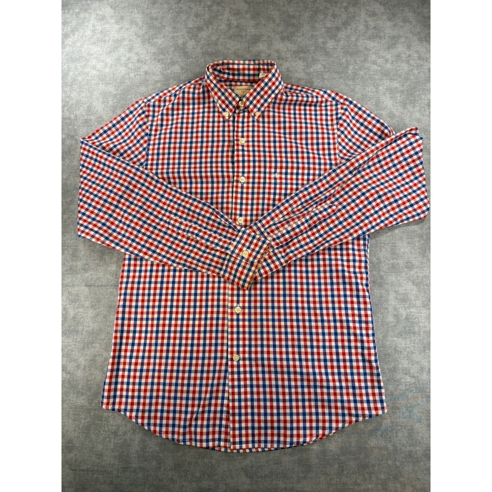 Dockers Mens Button Down Shirt Small Red White Blue Gingham Plaid Long Sleeve